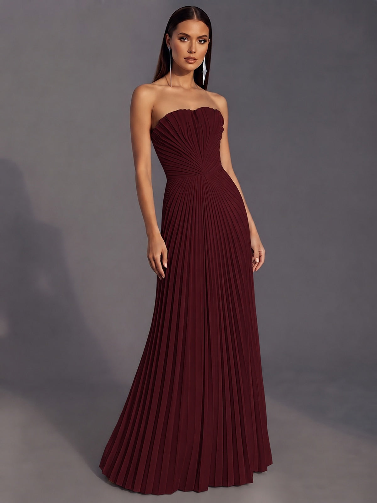 Strapless A-line Long Pleated Satin Prom Dress