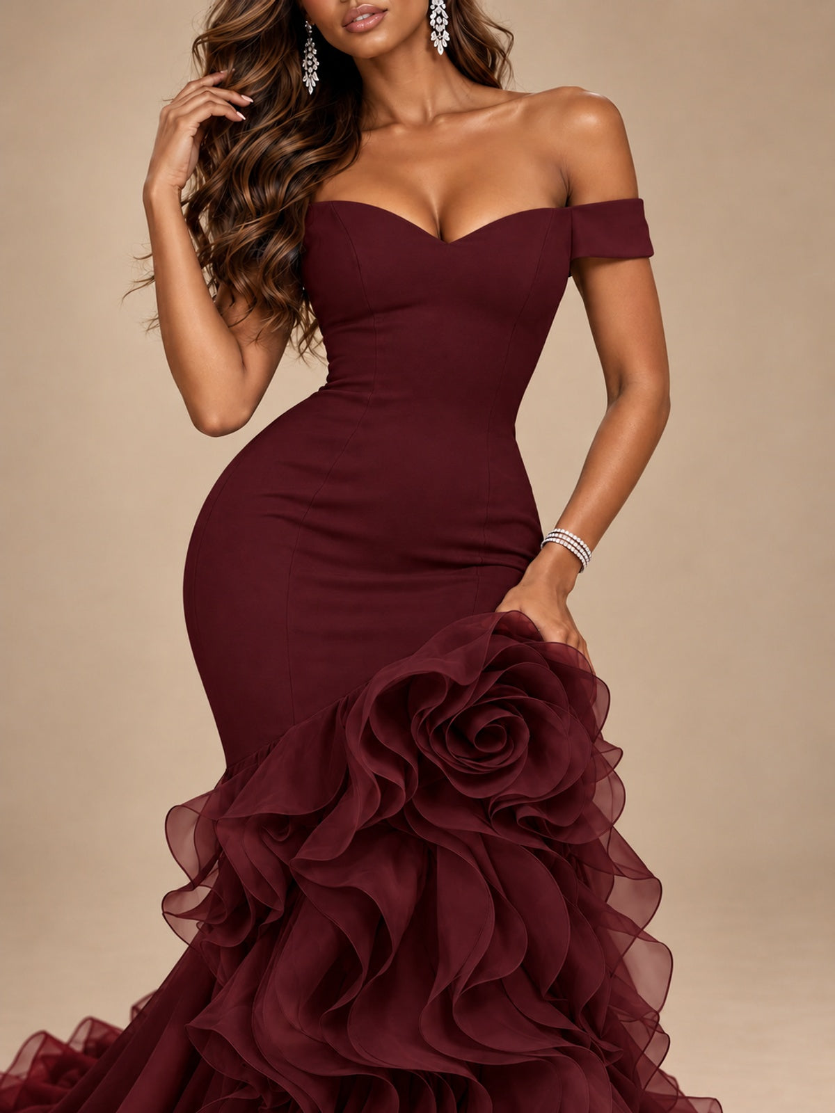 Dusty Blue Off-the-Shoulder Mermaid Prom Dress with 3D Rose & Ruffles
