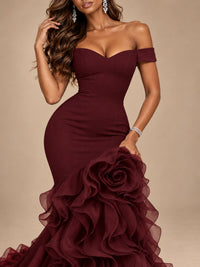 Dusty Blue Off-the-Shoulder Mermaid Prom Dress with 3D Rose & Ruffles