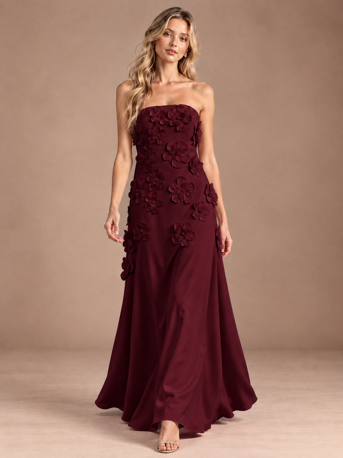 Yellow Strapless A-line Satin Maxi Dress with 3D Floral
