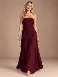 Yellow Strapless A-line Satin Maxi Dress with 3D Floral