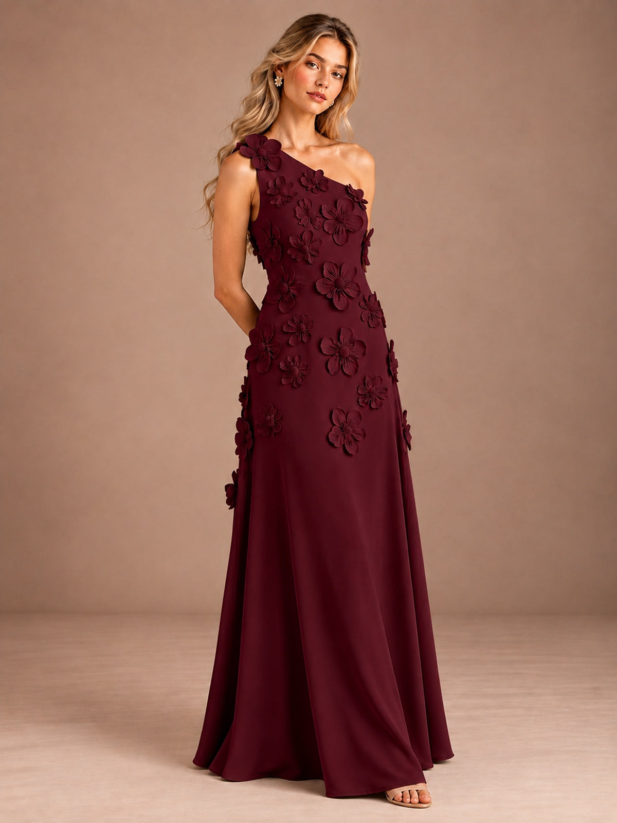 Sage Green One Shoulder Satin Formal Maxi Dress with 3D Floral
