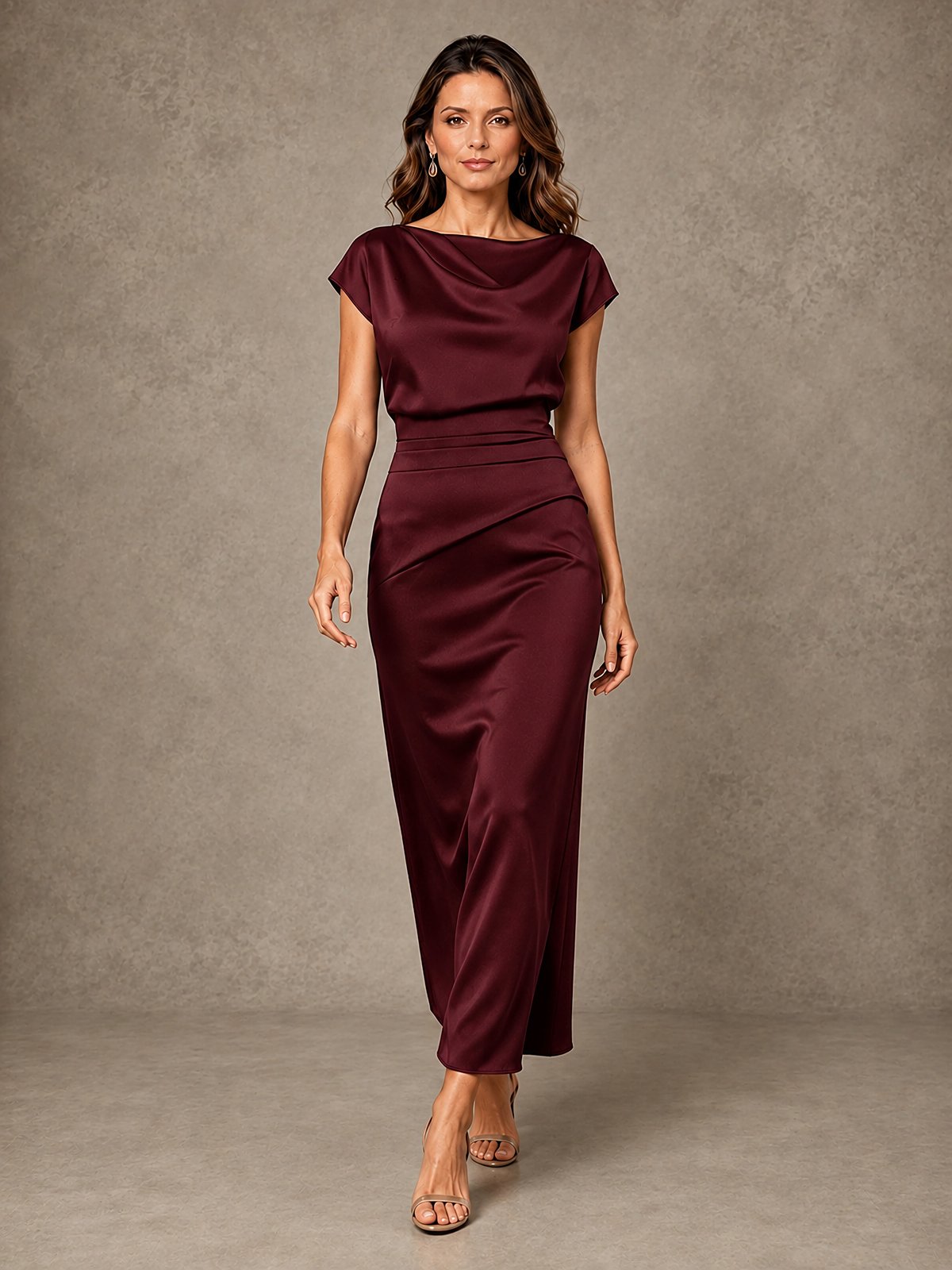 Cowl Neck Satin Mother of the Bride Dress with Ruched Waist