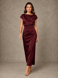 Cowl Neck Satin Mother of the Bride Dress with Ruched Waist