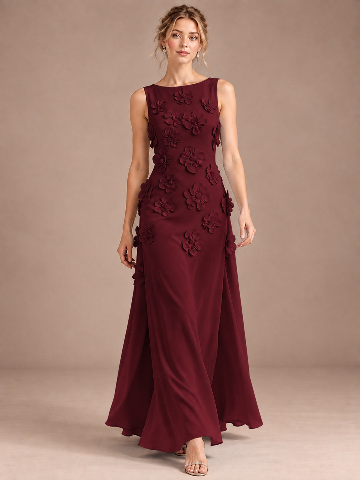 3D Floral Applique Sleeveless Formal Maxi Dress