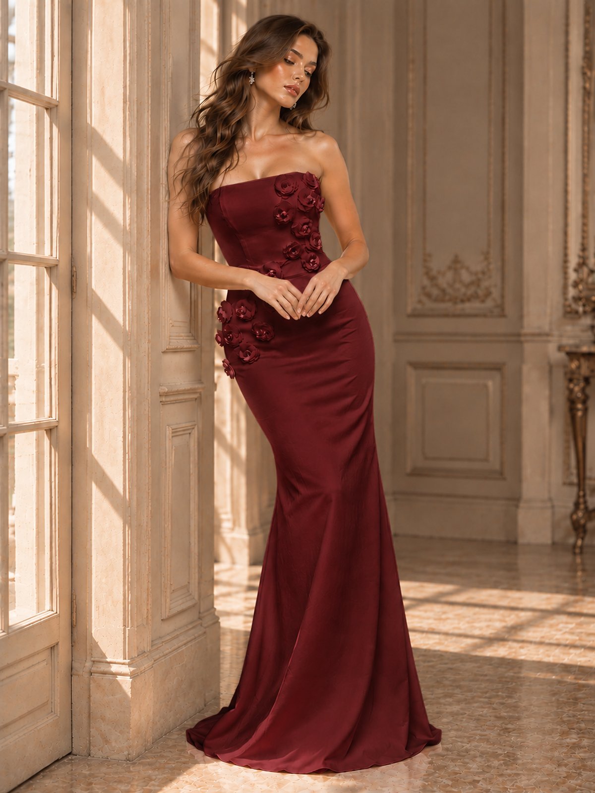 White Strapless Mermaid Maxi Dress with 3D Floral Appliques