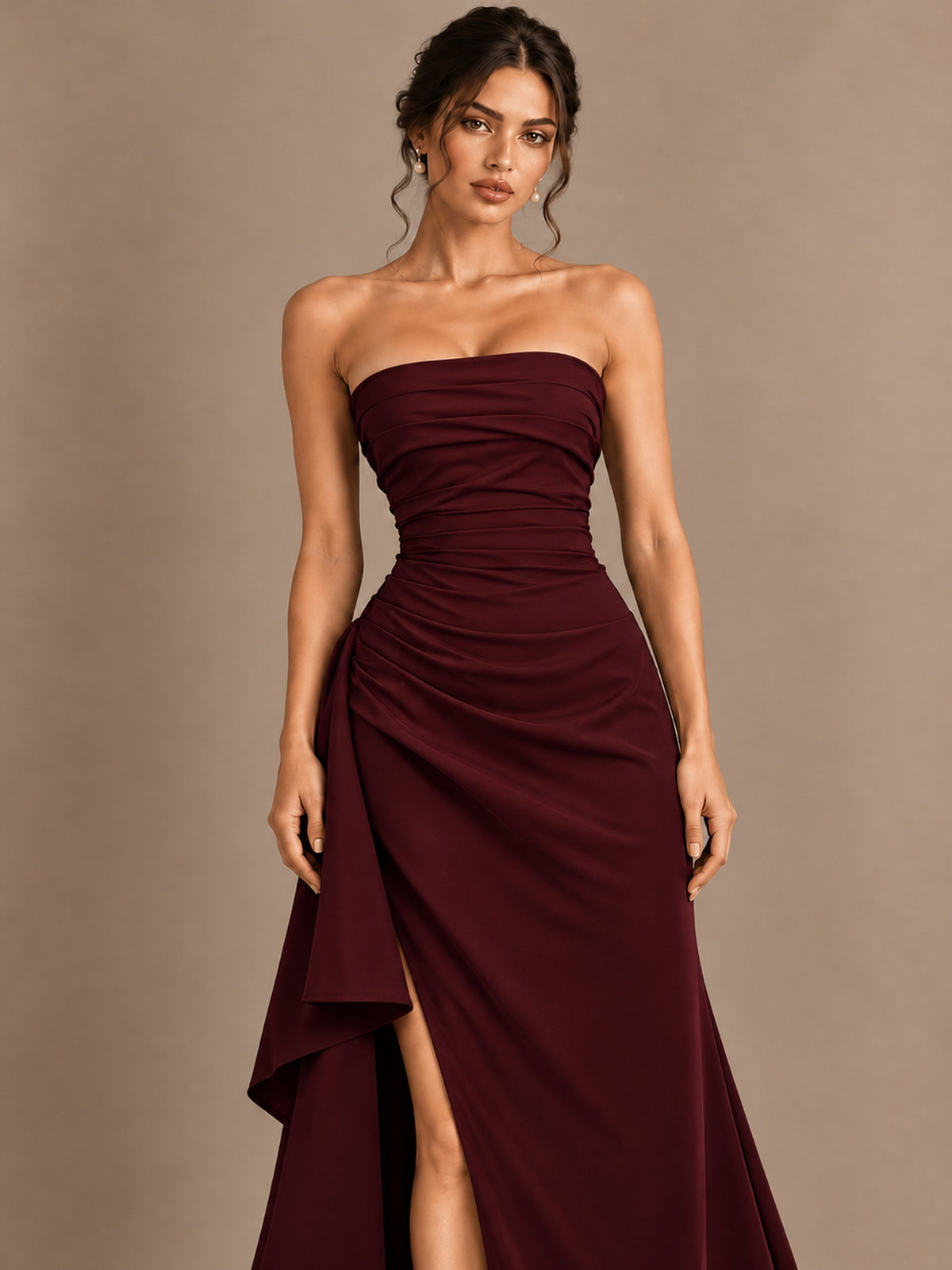 Black and White Strapless Ruched Prom Dress with High Slit & Side Drape