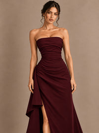 Black and White Strapless Ruched Prom Dress with High Slit & Side Drape