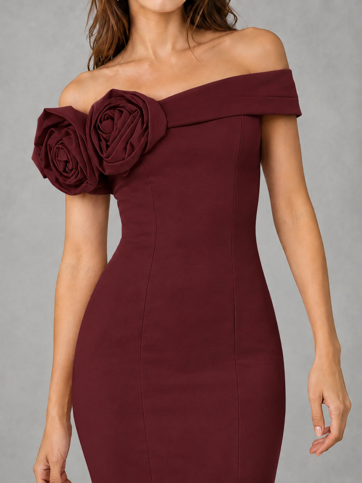 Blush Pink Off Shoulder Mermaid Bridesmaid Dress with Floral Rosette