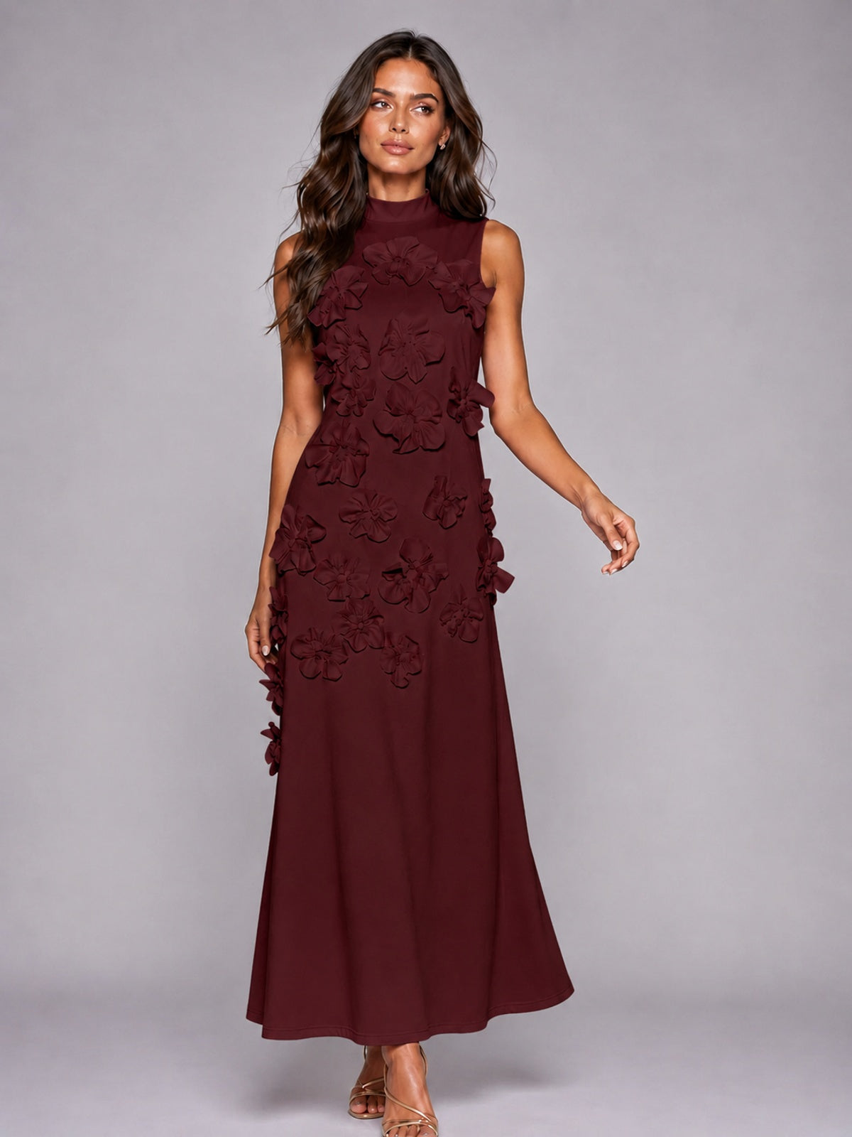 3D Floral Applique High Neck Prom Maxi Dress