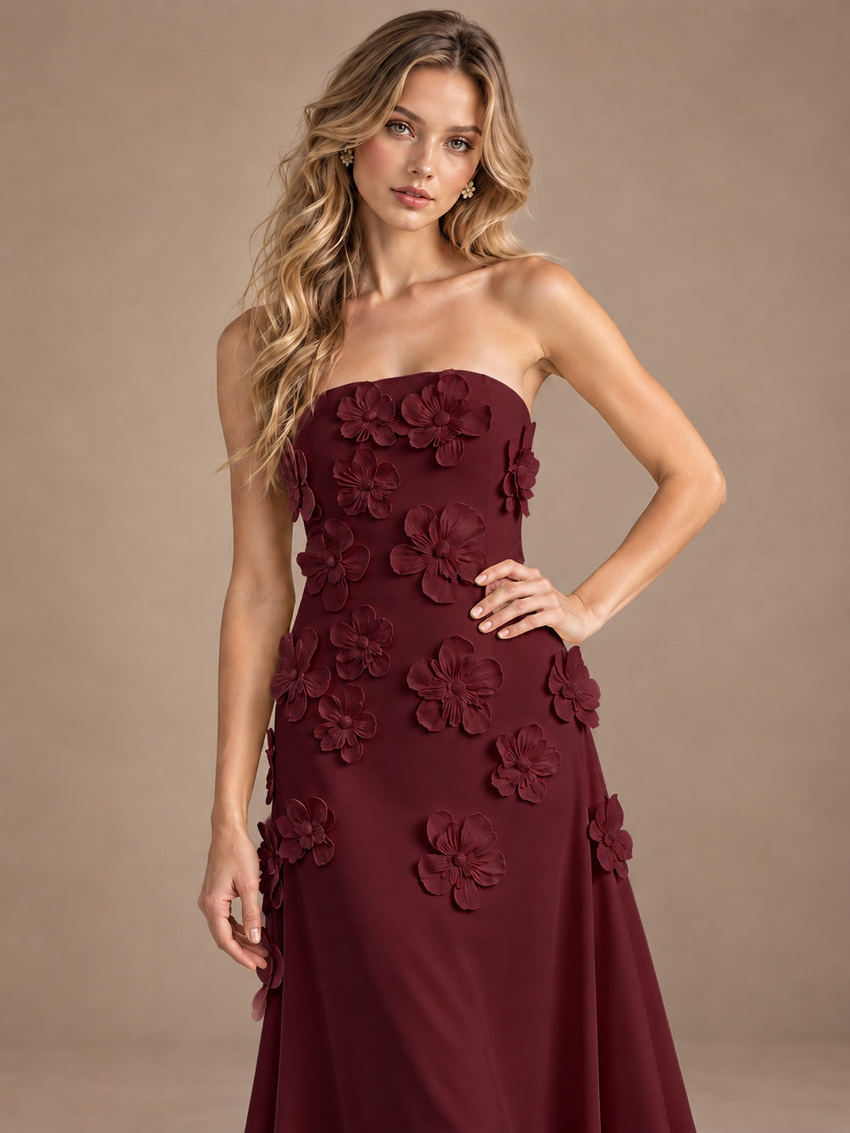 Yellow Strapless A-line Satin Maxi Dress with 3D Floral