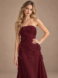 Yellow Strapless A-line Satin Maxi Dress with 3D Floral
