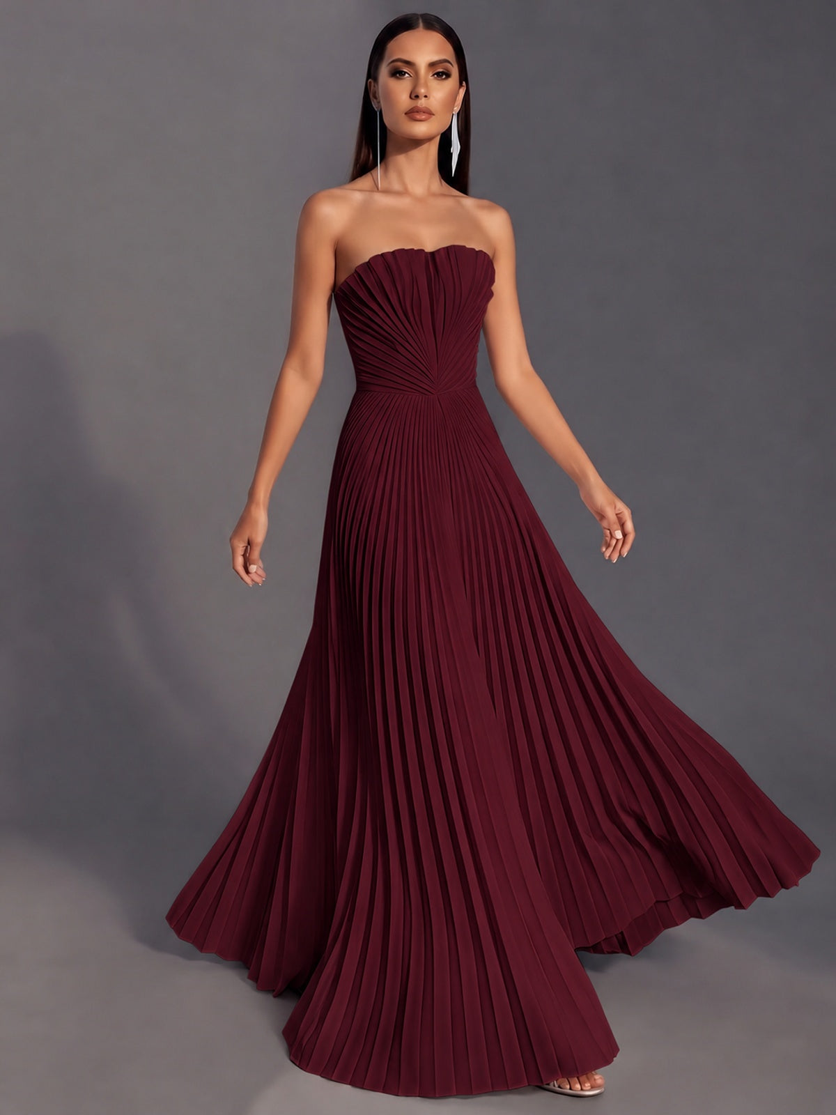 Strapless A-line Long Pleated Satin Prom Dress