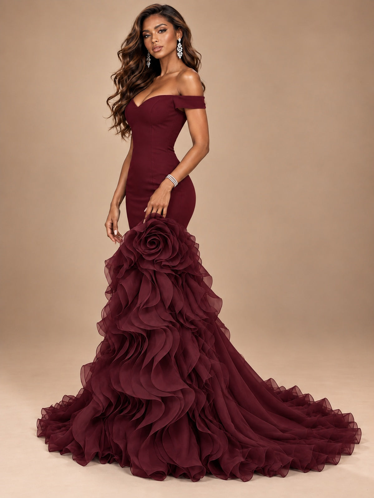 Dusty Blue Off-the-Shoulder Mermaid Prom Dress with 3D Rose & Ruffles