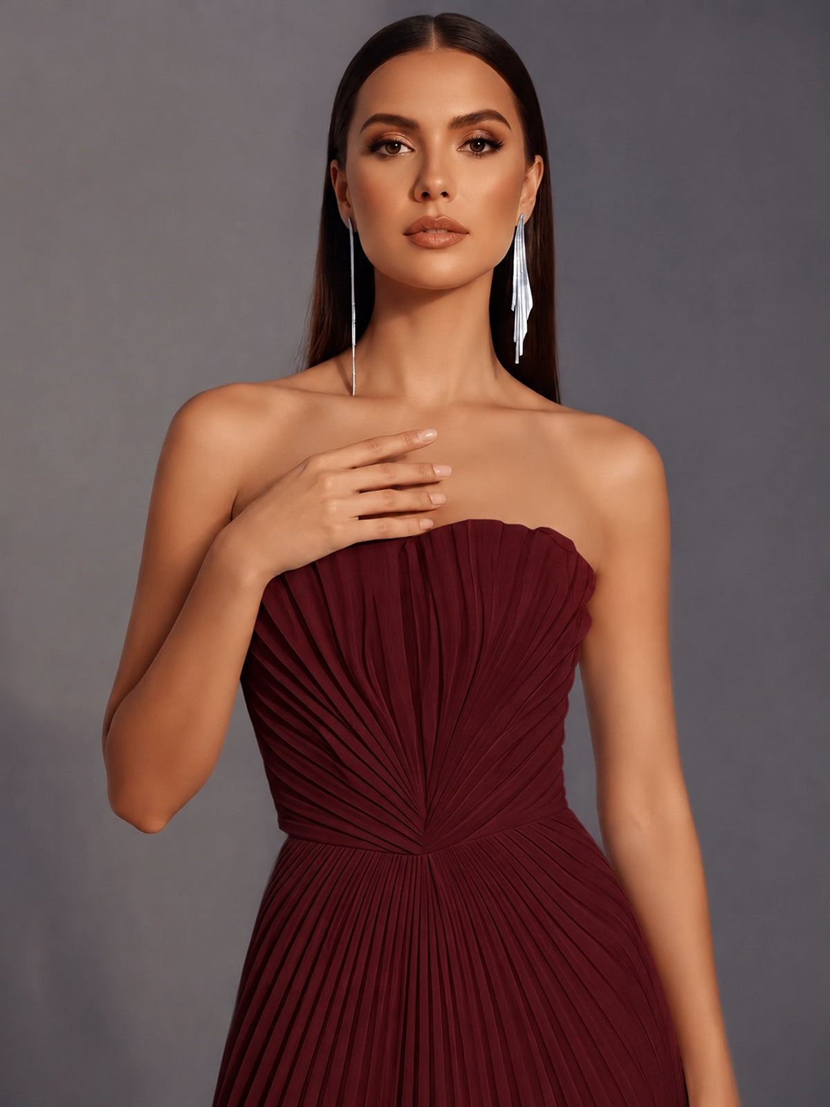 Strapless A-line Long Pleated Satin Prom Dress
