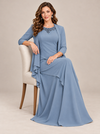 Matching dusty blue chiffon jacket with open front and three-quarter sleeves for formal dresses