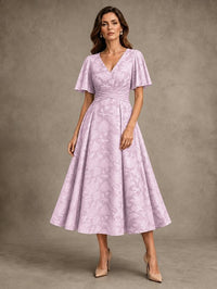 V-Neck Floral Jacquard Tea-Length Mother of the Bride Dress
