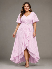 Jacquard Chiffon A-Line V-Neck High-Low Mother of the Bride Dress