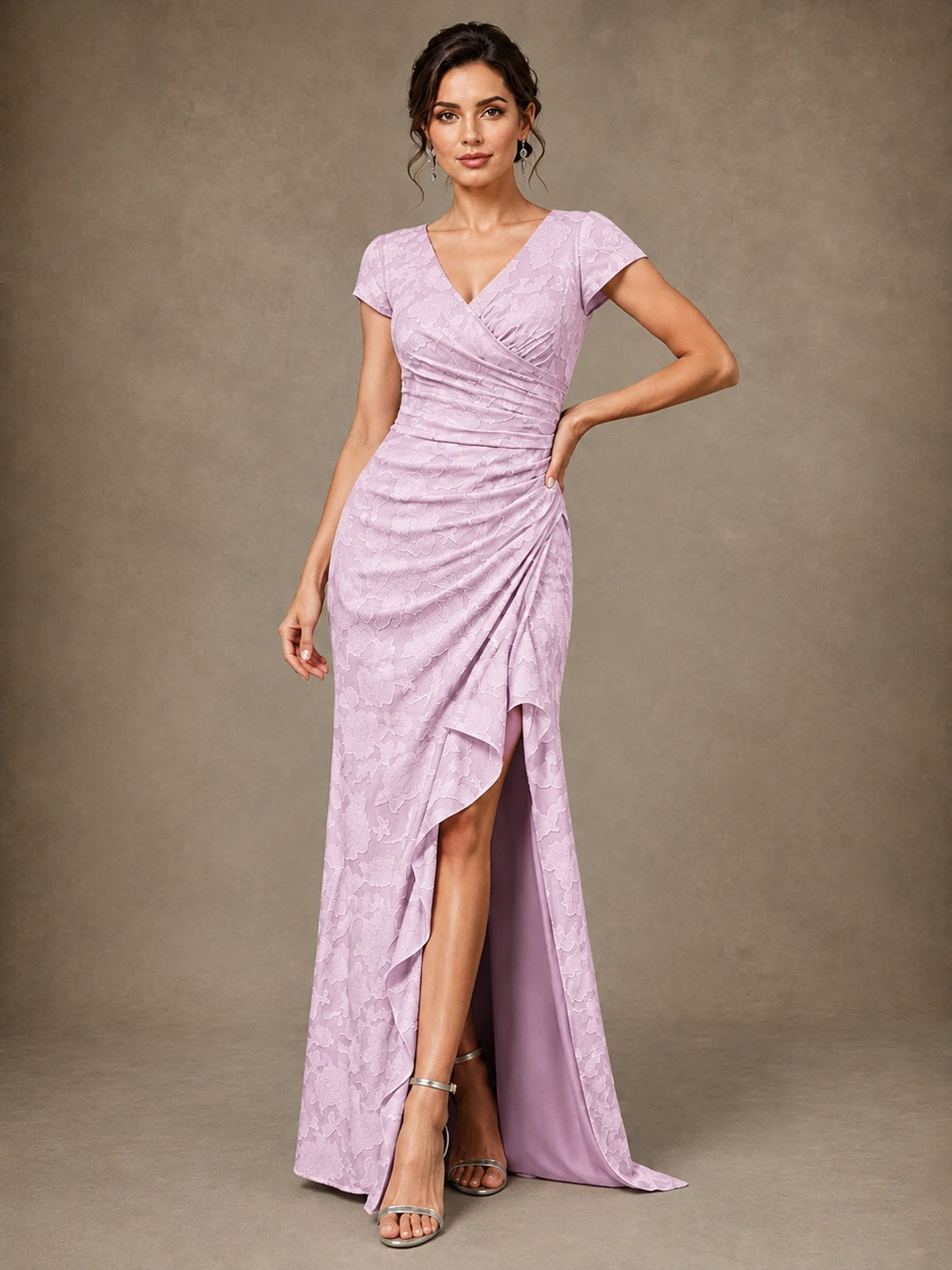 V-Neck Floral Jacquard Mother of the Bride Dress with Slit