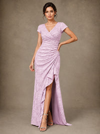 V-Neck Floral Jacquard Mother of the Bride Dress with Slit