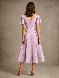 V-Neck Floral Jacquard Tea-Length Mother of the Bride Dress
