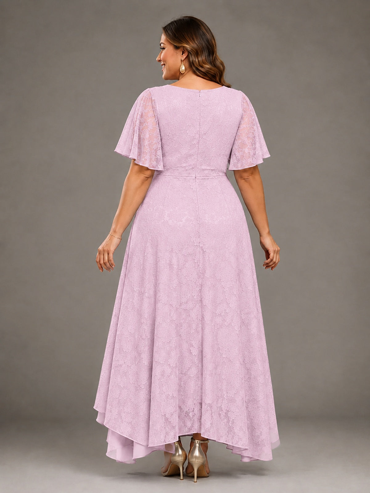 Jacquard Chiffon A-Line V-Neck High-Low Mother of the Bride Dress