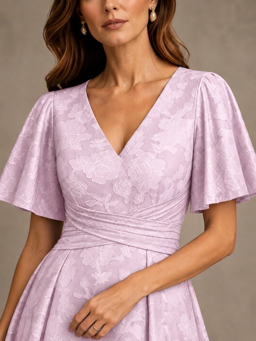 V-Neck Floral Jacquard Tea-Length Mother of the Bride Dress