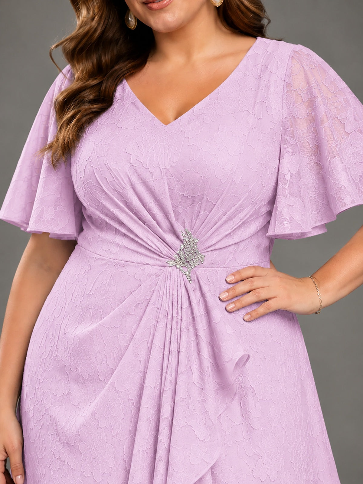 Jacquard Chiffon A-Line V-Neck High-Low Mother of the Bride Dress