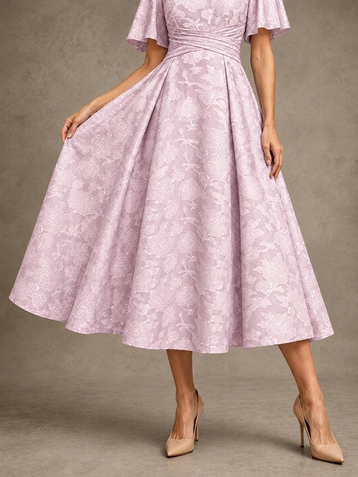 V-Neck Floral Jacquard Tea-Length Mother of the Bride Dress