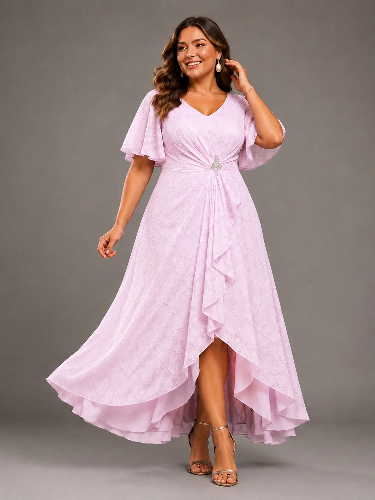 Jacquard Chiffon A-Line V-Neck High-Low Mother of the Bride Dress