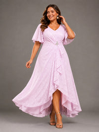 Jacquard Chiffon A-Line V-Neck High-Low Mother of the Bride Dress