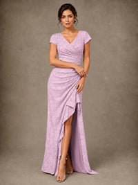 V-Neck Floral Jacquard Mother of the Bride Dress with Slit
