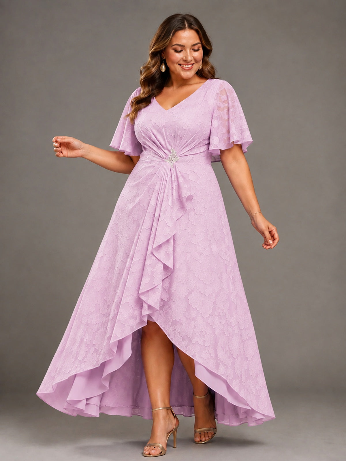 Jacquard Chiffon A-Line V-Neck High-Low Mother of the Bride Dress