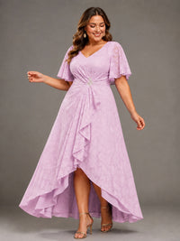 Jacquard Chiffon A-Line V-Neck High-Low Mother of the Bride Dress