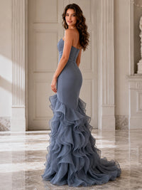 Mermaid Formal Evening Dress with Layered Ruffle Train