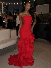 Mermaid Formal Evening Dress with Layered Ruffle Train