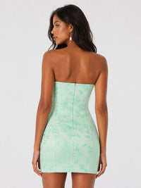 Mint green wedding guest mini dress with strapless neckline
