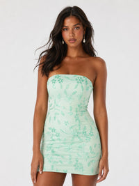 Mint green fitted mini dress with floral detailing