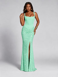 Sequin Corset Mermaid Prom Dress with Square Neck Wide Strap High Slit