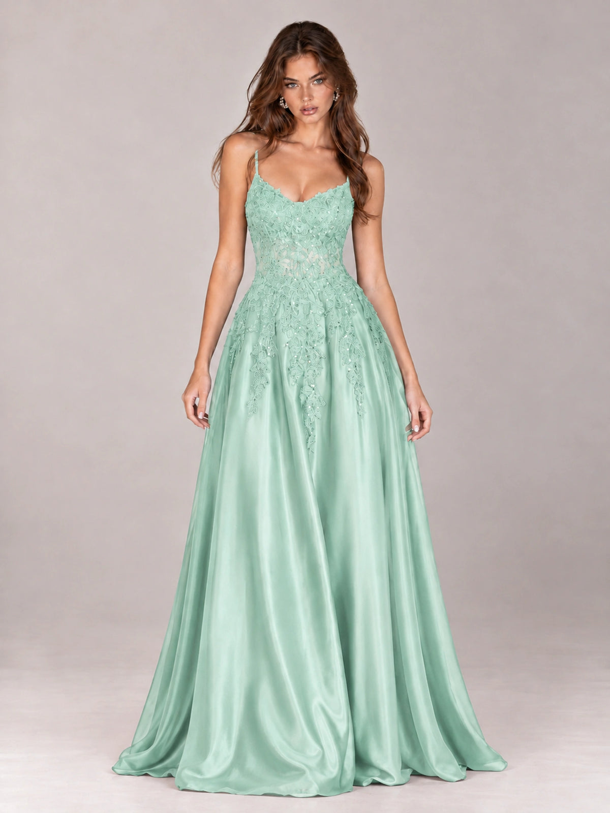 Lace Applique Satin A-Line Prom Dress with Sheer Bodice