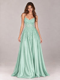 Lace Applique Satin A-Line Prom Dress with Sheer Bodice