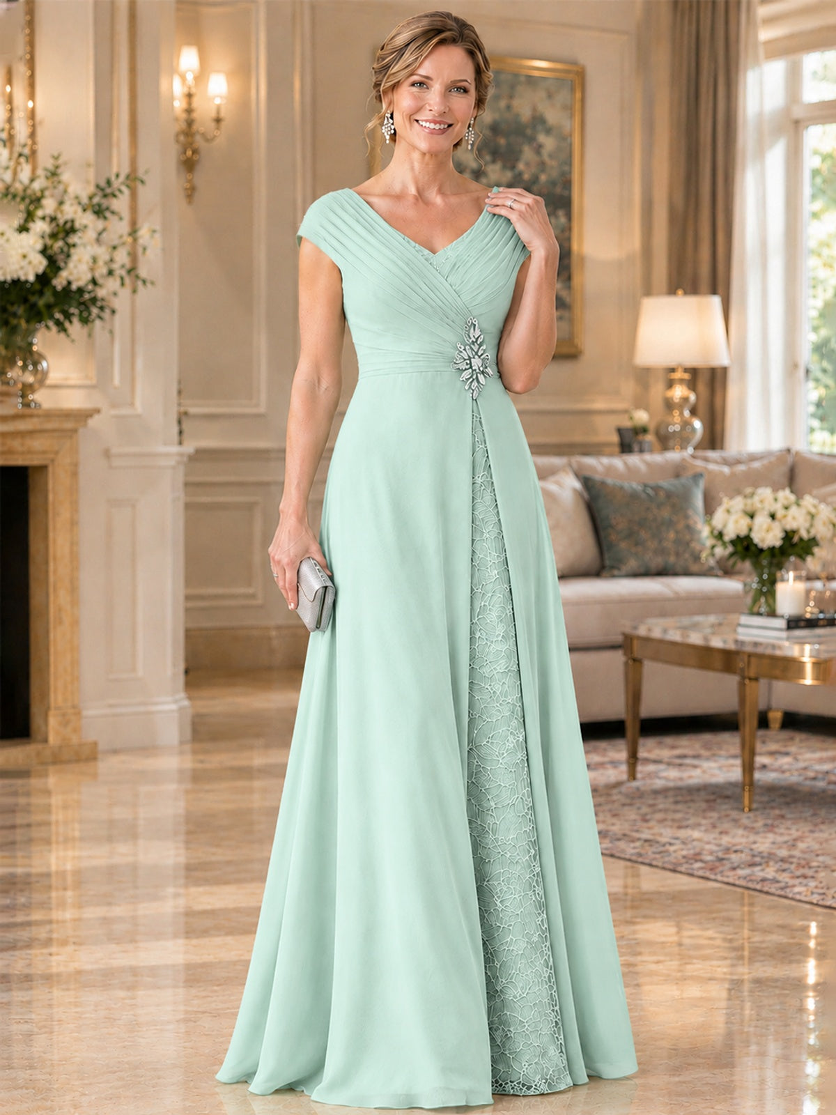 Pleated Chiffon Lace Mother of The Bride Dresses with Beading Cap Sleeves