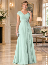 Pleated Chiffon Lace Mother of The Bride Dresses with Beading Cap Sleeves