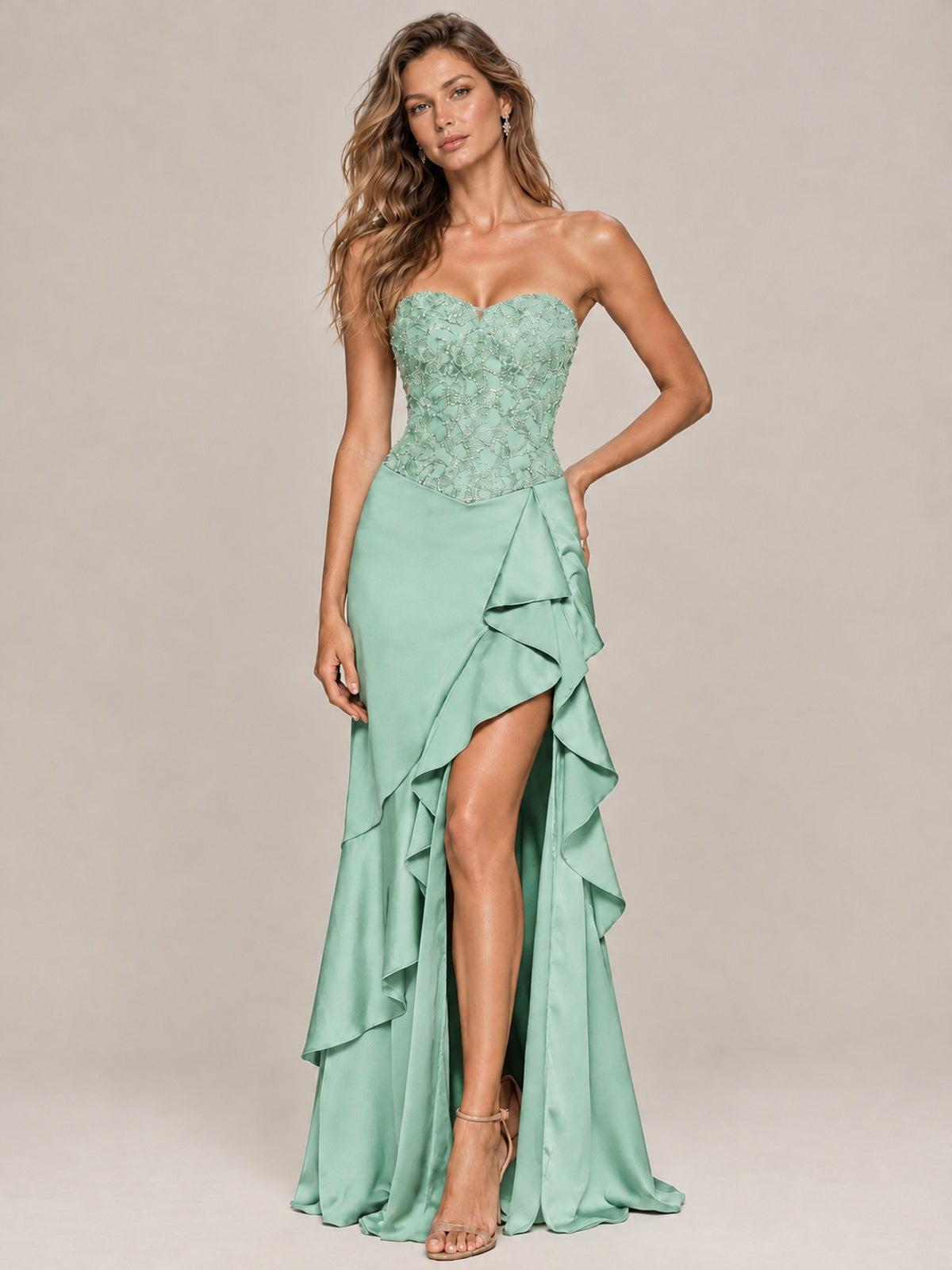 Strapless Lace Appliques Corset Satin Prom Dress Ruffle Slit Evening Gown