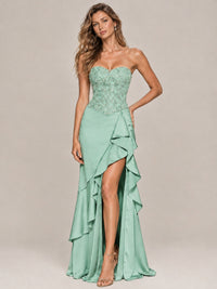 Strapless Lace Appliques Corset Satin Prom Dress Ruffle Slit Evening Gown