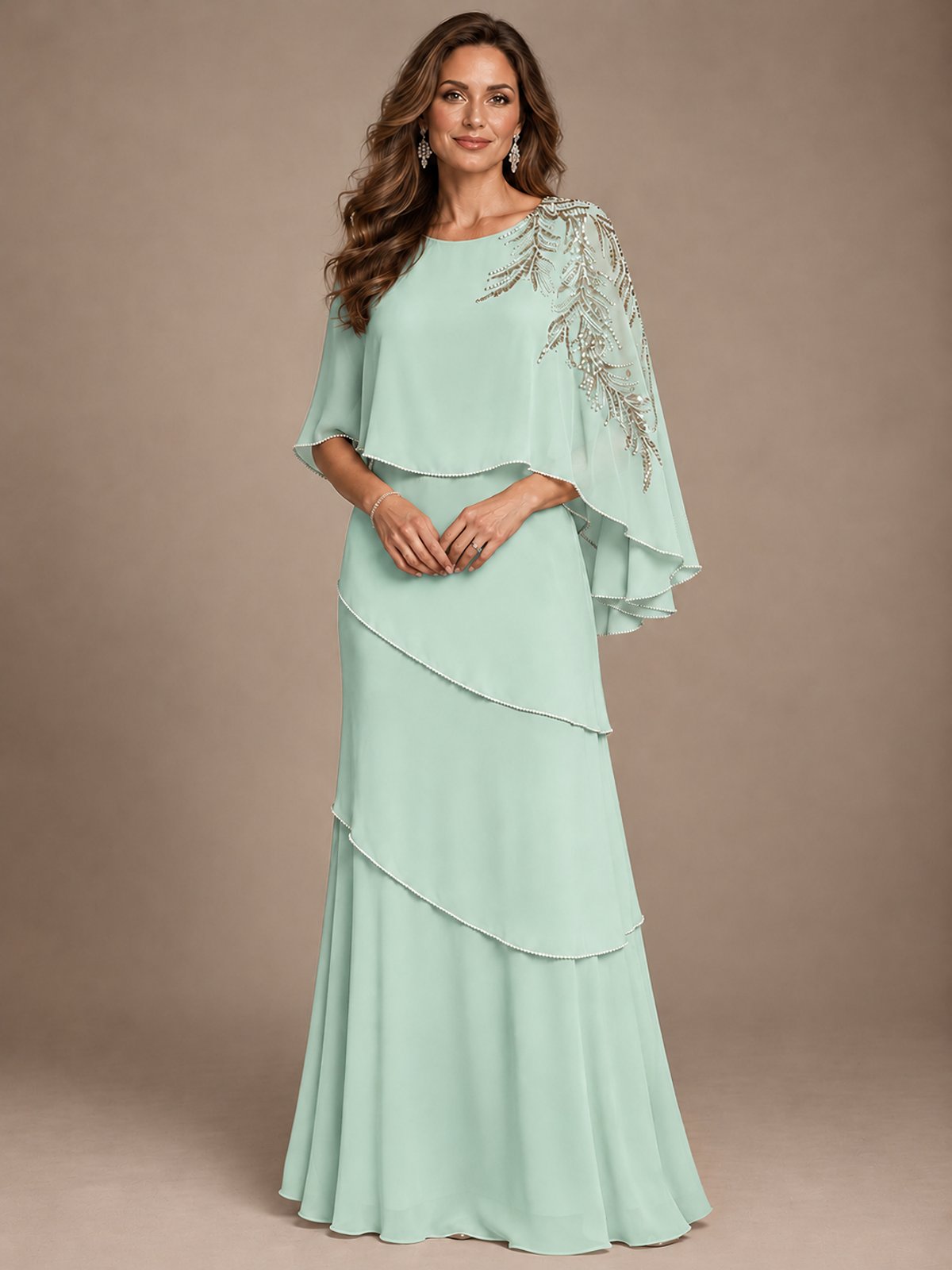 Elegant Chiffon Cape Sleeve Beaded Mother of the Bride Dress