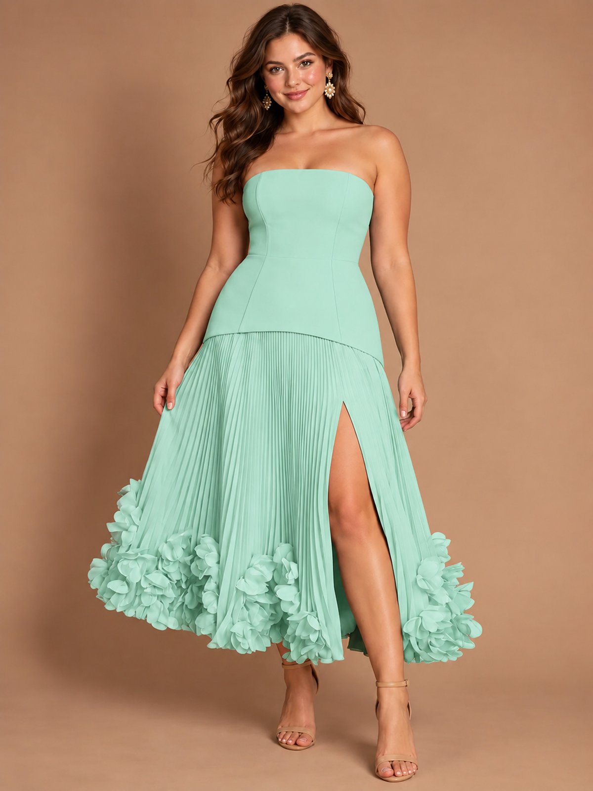 Navy Blue Strapless Pleated A-Line Midi Dress with 3D Floral Applique