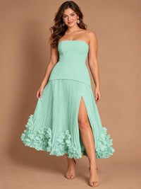 Navy Blue Strapless Pleated A-Line Midi Dress with 3D Floral Applique