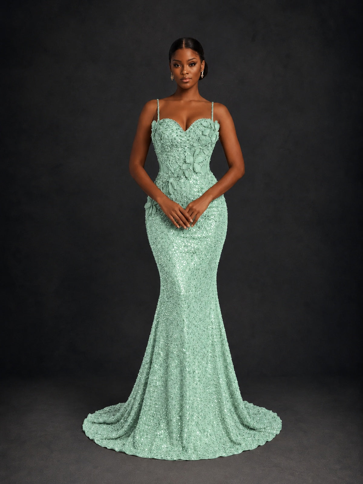 Sequin Mermaid Prom Dress with Floral Applique