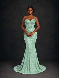 Sequin Mermaid Prom Dress with Floral Applique